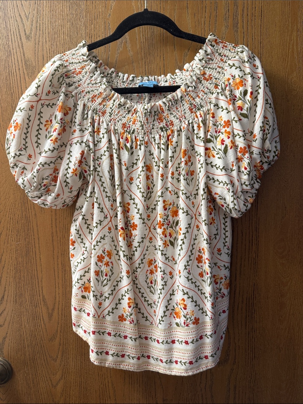 CeCe White Floral Smocked Off-Shoulder Blouse with Orange Blooms